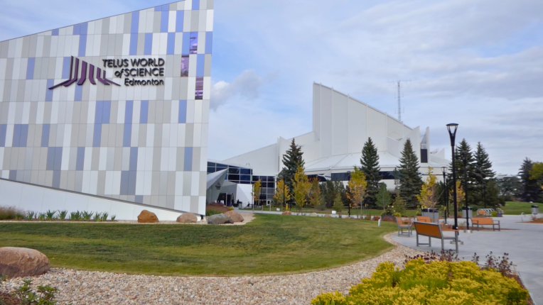 Exterior view of the Telus World of Science building, a modern building with a sleek design.