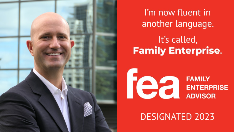 Marvin Schmidt smiling in front of high rise with the caption: I'm now fluent in another language. It's called Family Enterprise.