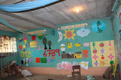a wall covered with children made pictures of numbers, food and weather